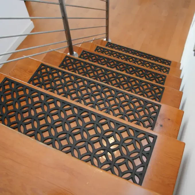 Stylish Step Mats Inspired by the Geometric Designs Used by the Aztecs placed on staircase