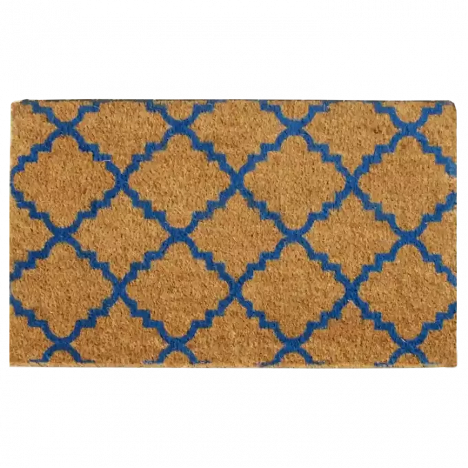 Coir mat with blue square pattern