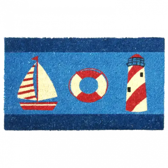 Beach Door Mat with Pictures of lighthouse, boat & beach