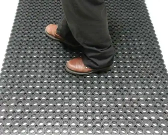 Black in color Perfect Rubber Drainage Mats for Kitchens, Delis, and Bars person standing
