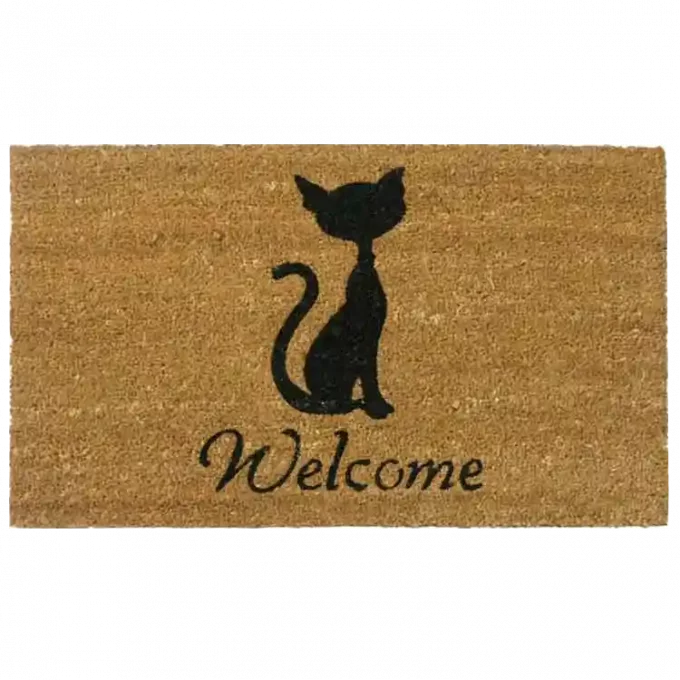 A picture of cat on doormat welcomes you