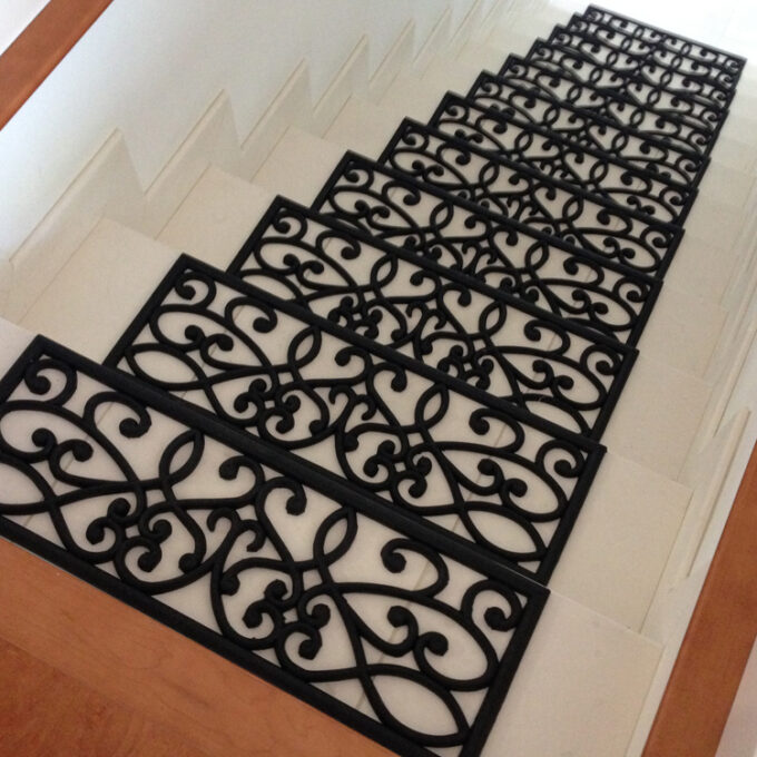 Black color anti slip, decorative and will Resist Moisture. Mold and Mildew stair mat placed on staircase