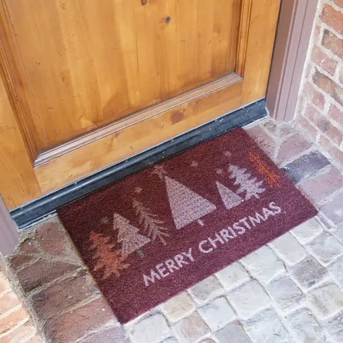Vibrant Red Christmas Welcome Mat with christmas trees