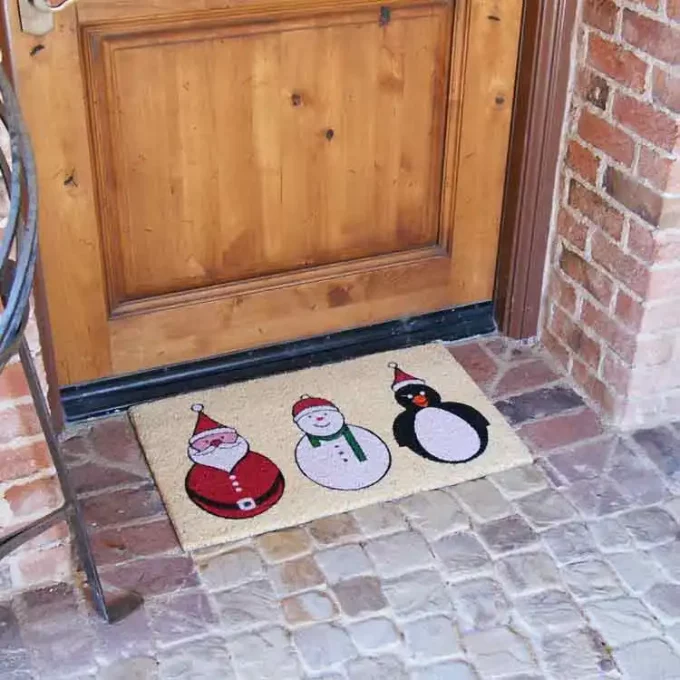 Holiday Doormat with pictures of Santa, Snowman & Penguin