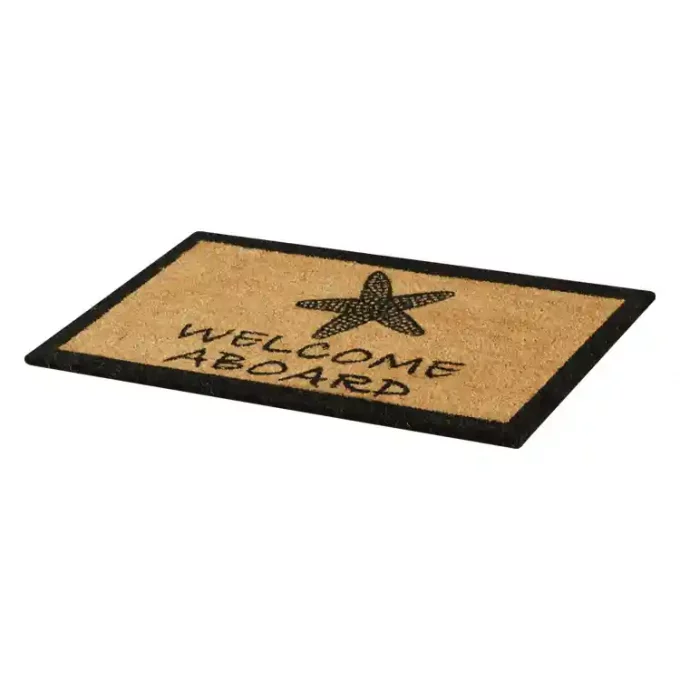 Welcome mat with black along the border and a brown texture inside with a black starfish and Welcome Aboard in black text