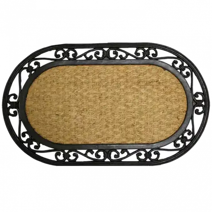 Rubber coir door mat with black design around the border