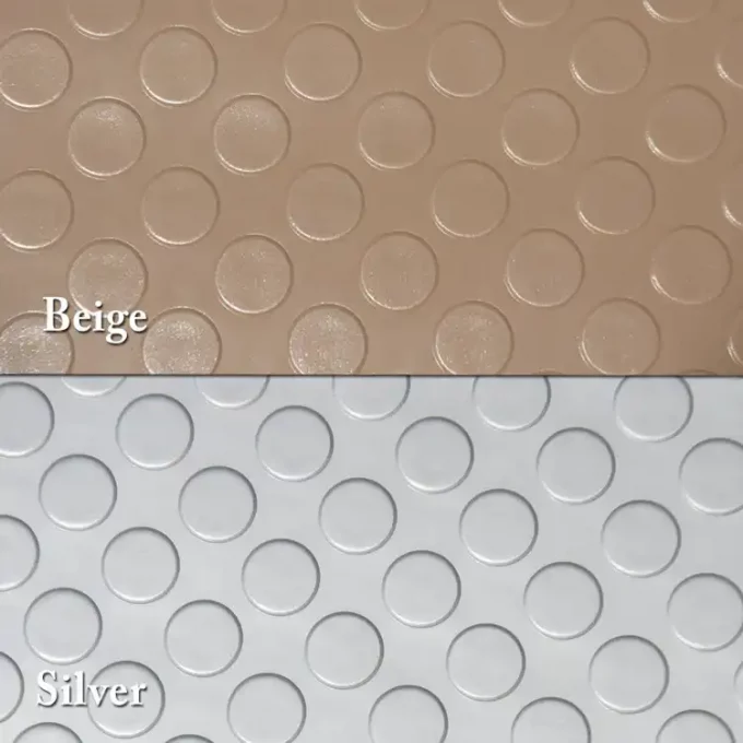 Coin or Stud Top Textured Flooring with a Metallic Color Finish available in 2 colors silver & beige