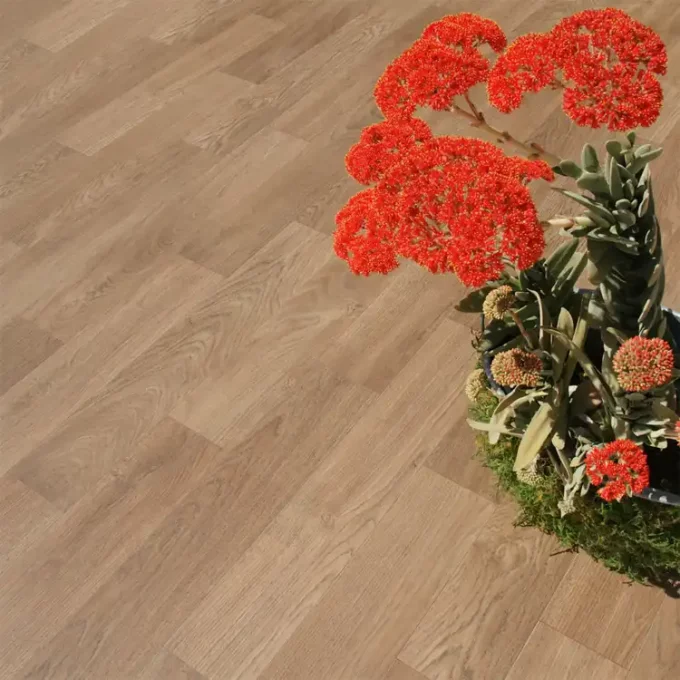 Do It Yourself Rolled PVC Flooring in nutmeg finish flower vaas is placed on it