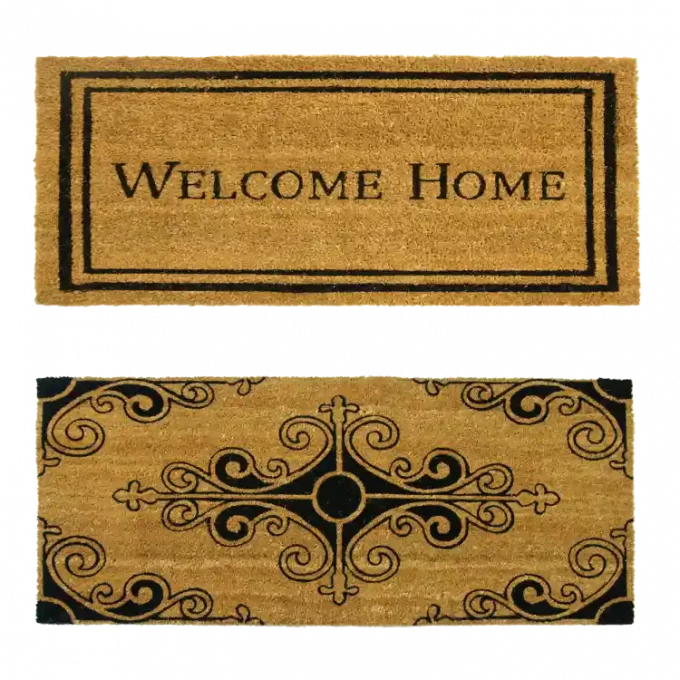 Doormat one with welcome home on it and the other with a french design