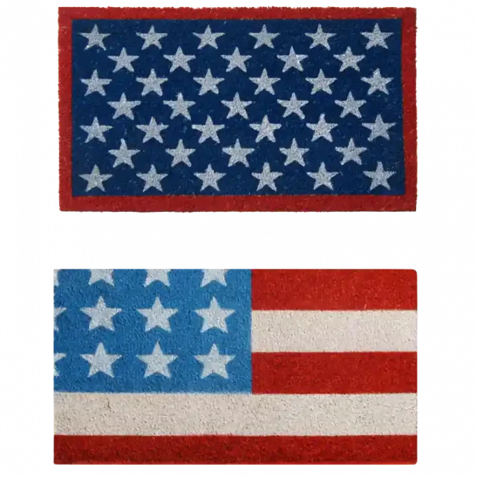 One doormat has 50 stars and blue behind with red outlining while the other is designed like the american flag