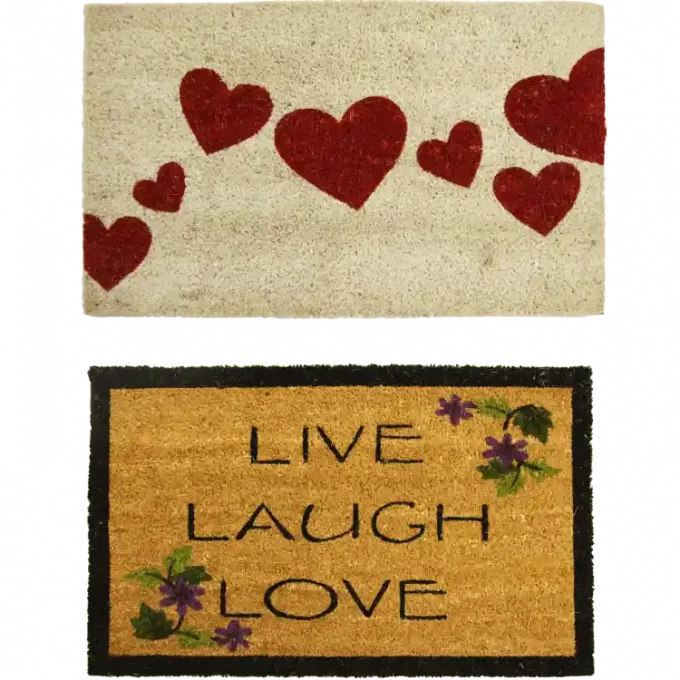 One doormat with many hearts on it and the other has the words live laugh love on it