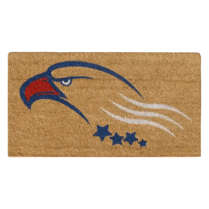 A coir doormat with patriotic color eagle on it