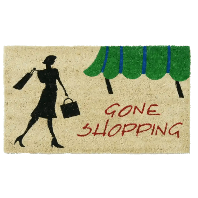 Novelty Doormat showing woman with shopping bags and message saying Gone Shopping