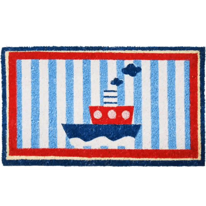 CocoMat with blue followed by red border with blue and white stripes with a blue hull boat and a red interior