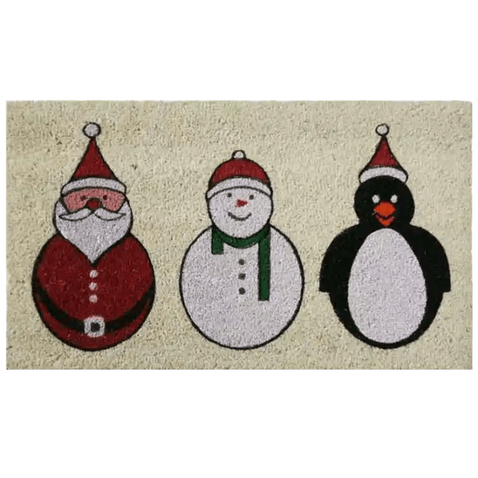 The Festive doormat with picture of santa a snowman and a penguin