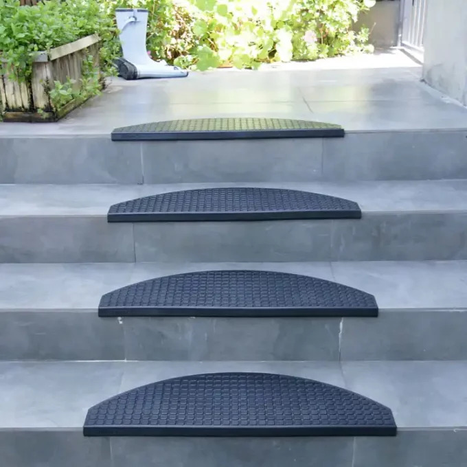Ultra Durable Rubber Stair Mats black in color placed on staircase