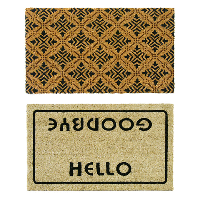 Coir Walkoff Mats consisting of Classic Fleur de List French Matting and Hello, Welcome Goodbye Doormat Entry Shot