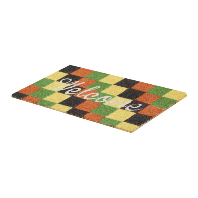Welcome mat with autumn colors in checkerboard pattern