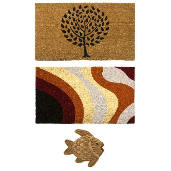 Contemporary Doormat Kit consisting of Modern Landscape Contemporary, Brown Streak Modern, and Gold Fish Shoe Scraper doormats