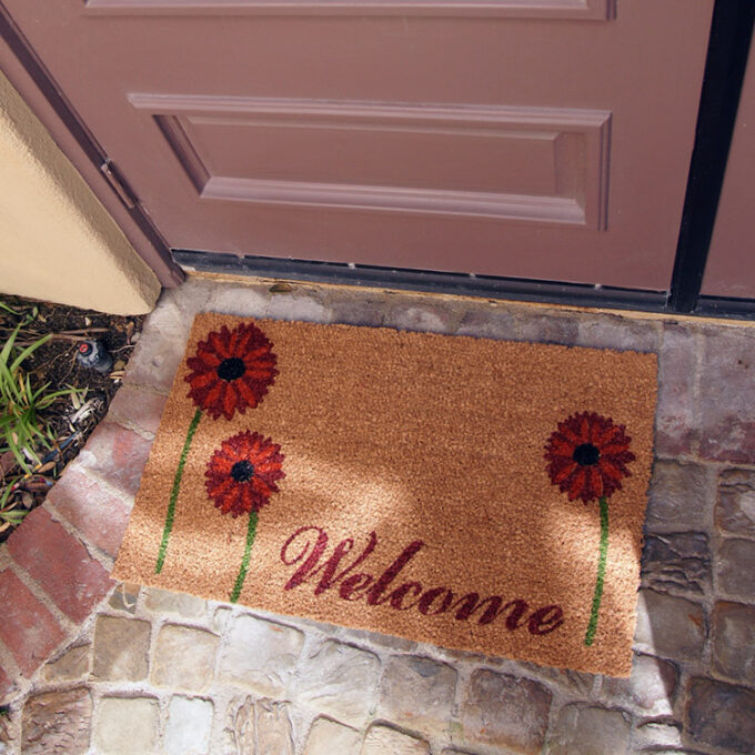 Close shot of field of red daisy doormat underneath shade