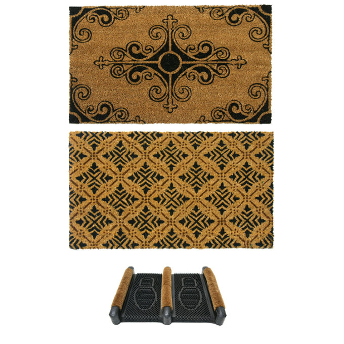 French Provincial Doormat Kit consisting of 3 doormats Classic Fleur de List French Matting, Traditional Fleur de Lis French Mat and Traditional Boot Scraper doormats