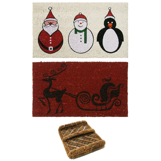 Outdoor Christmas Doormat Kit consisting of Santa Snowman and a Penguin Holiday, Rudolph the Red Nose Reindeer Holiday and Herringbone Boot Scraper Doormats Entry Shot