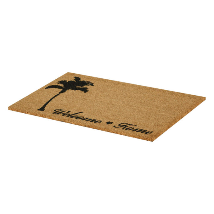 Beach themed welcome home mat with picture of tree
