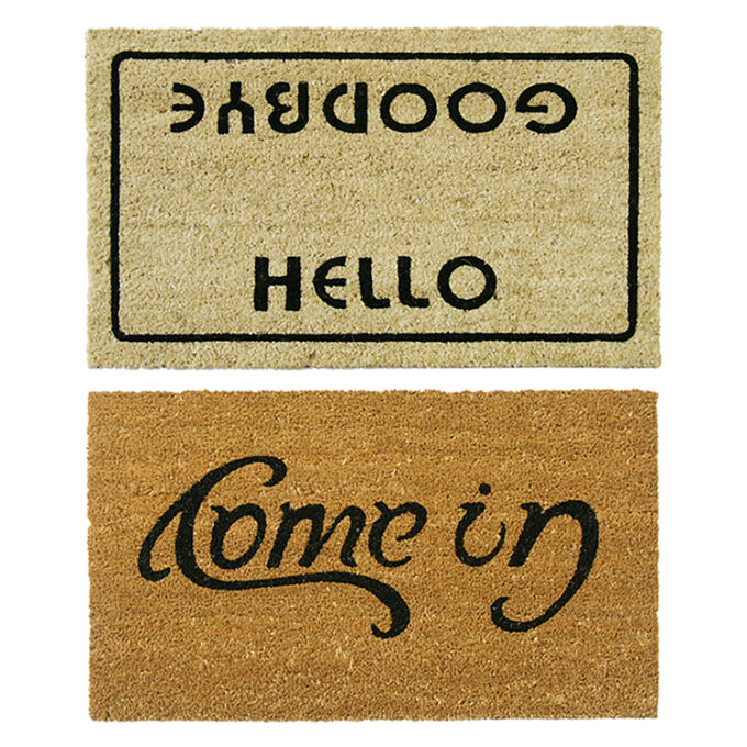 Welcome Go Away Mats Doormat Kit consisting of Come in Welcome and Hello Welcome Goodbye Doormats Entry shot