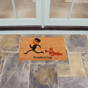 Beware of dog warning showing guests they might need to run funny doormat