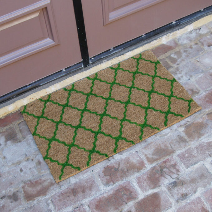 An Outdoor Coir Door Mat with an Stylish Old Moroccan Design in green color